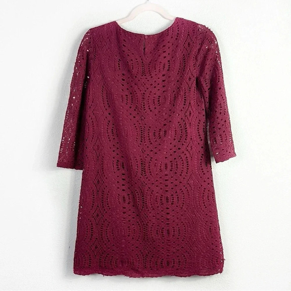 J. Crew Lace Overlay Dress  3/4 Sleeve in Burgundy size 4 Eyelet Shift Dress - Picture 3 of 9